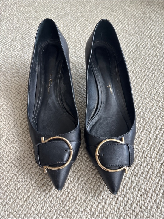 Salvatore Ferragamo Shoes - Salvatore Ferragamo Black Pointed Leather Flats with Gold Circular Buckle Accent